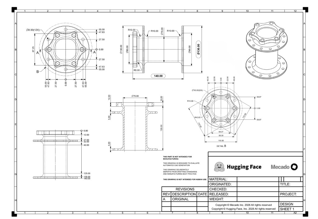 CADGenBench fixture 132, engineering drawing of a flanged spool